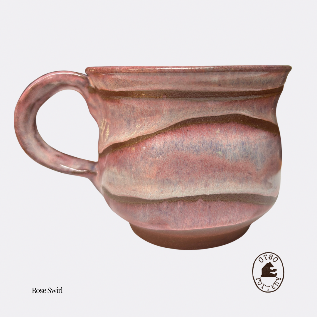 Handmade ceramic pottery mug by Otso Pottery otso pottery Brisbane Australia rose swirl  A handmade ceramic mug with a wavy, swirled glaze in dusty rose, pink, and brown tones, shown against a light gray background with a 'Two Coffee' logo in the bottom right corner.
